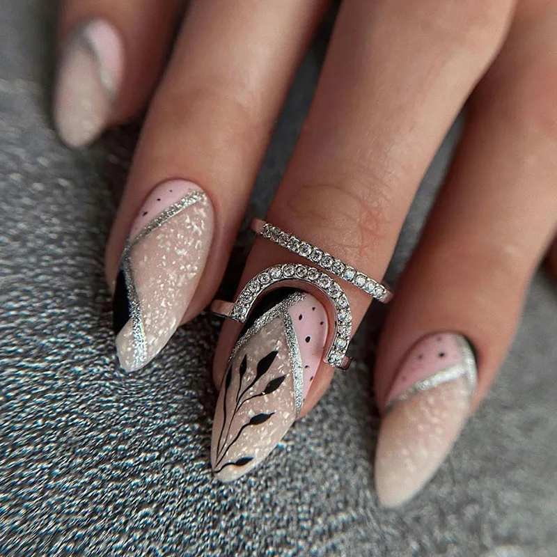 

24Pcs Gothic Glam Press-On Nails - Black/Pink Split Design With 3D Leaf&Glitter Lines Long Almond Shape Edgy Elegance False Nail