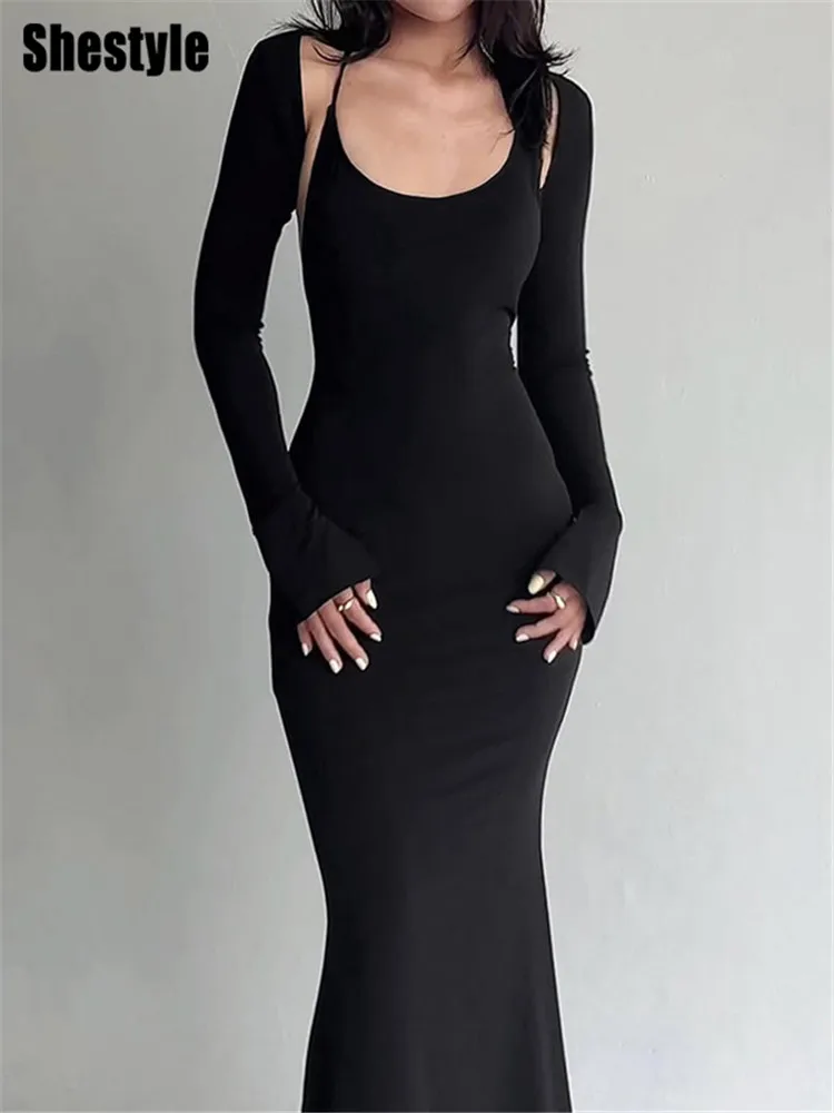 Shestyle المرأة الشتاء فستان طويل عارية الذراعين أسود أرجواني الصلبة 2 قطعة مجموعات الرسن كيب ضيق سليم رشيقة مثير الخيال الملابس