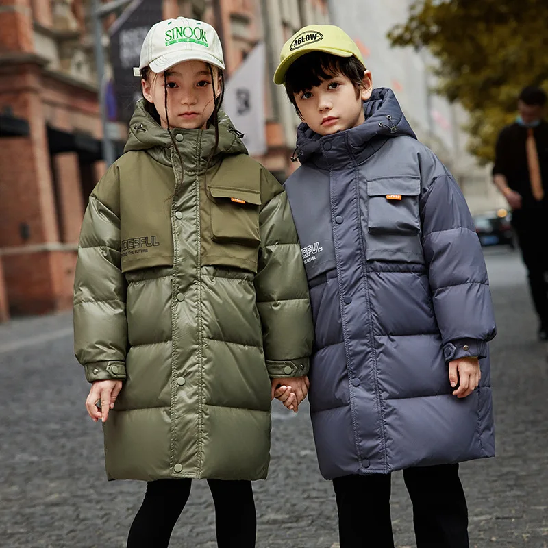 

2022 New girls fashion warm green down jacket Children's windproof thickened winter coat black Teen cold-proof clothing Hooded