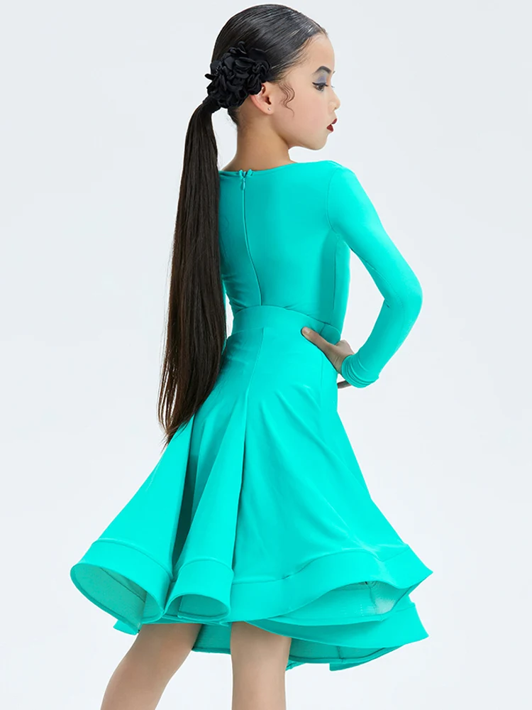 ชุดเดรสแขนยาวสำหรับเด็กผู้หญิง ชุดฝึกซ้อมเต้นชาช่า รุมบ้า แซมบ้า ชุดแข่งขันเต้นลาตินสำหรับเด็ก