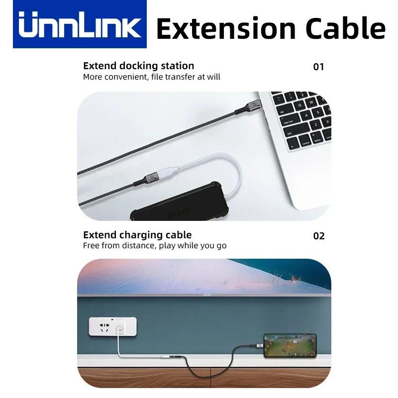 Unnlink USB C Extension Cable Type C Extender Compatible With Thunderbolt 4/3 USB4.0/3.2/3.1 Fast Charging for MacBook 8K 4K