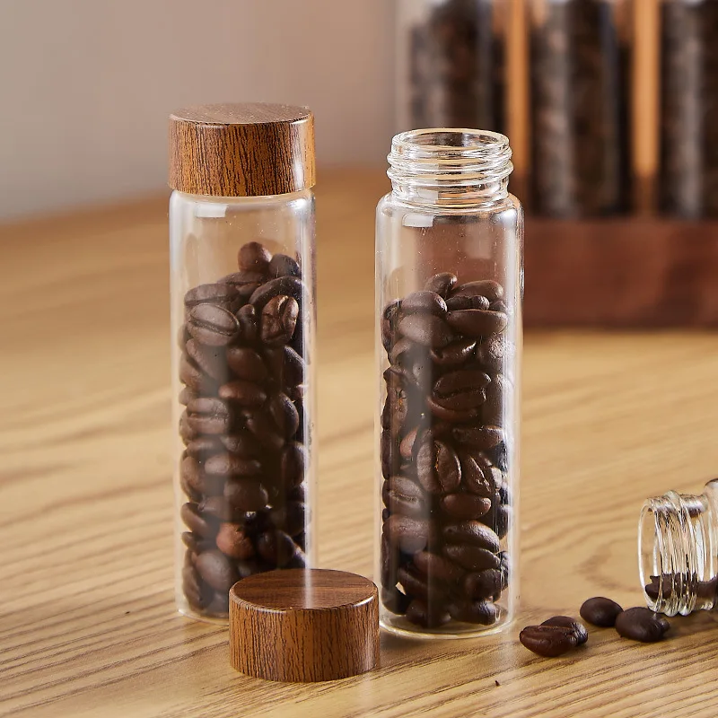 Coffee Beans Storage Container Display Rack Walnut Coffee Tea Tube Bottle Glass Espresso Coffee Accessories Tools Coffeware Sets