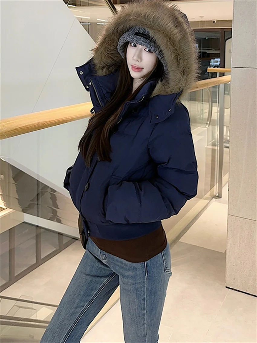 PLAMTEE Dark Blue Cotton Jackets Chic Loose Hooded Parkas Solid New Women 2025 OL Slim Fashion Winter Office Lady High Street