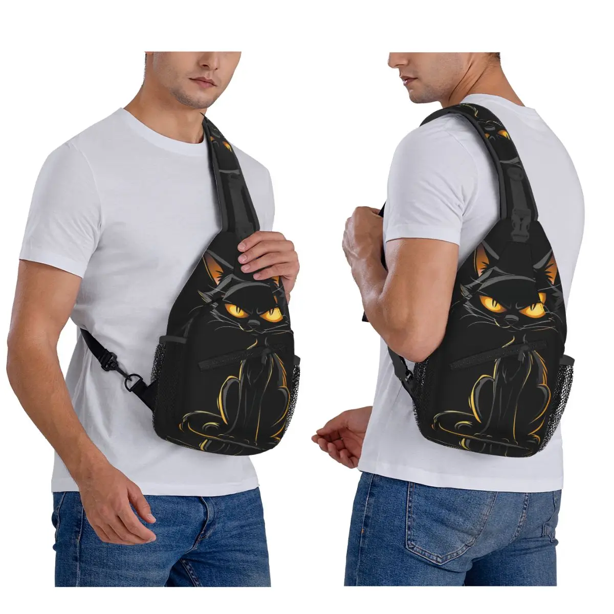 الكرتون الأسود القط حقيبة صدر للرجال حبال Crossbody على ظهره حقيبة صدر للرجال السفر المشي لمسافات طويلة Daypack حقيبة كتف