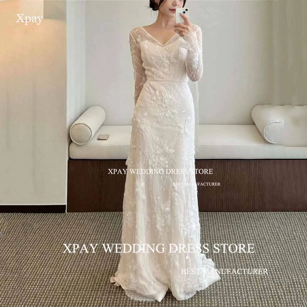 XPAY Vintage V Neck Korea Mermaid Wedding Dresses Lace Appliques Long Sleeve Bridal Dress Backless Custom Boho Bride Gown