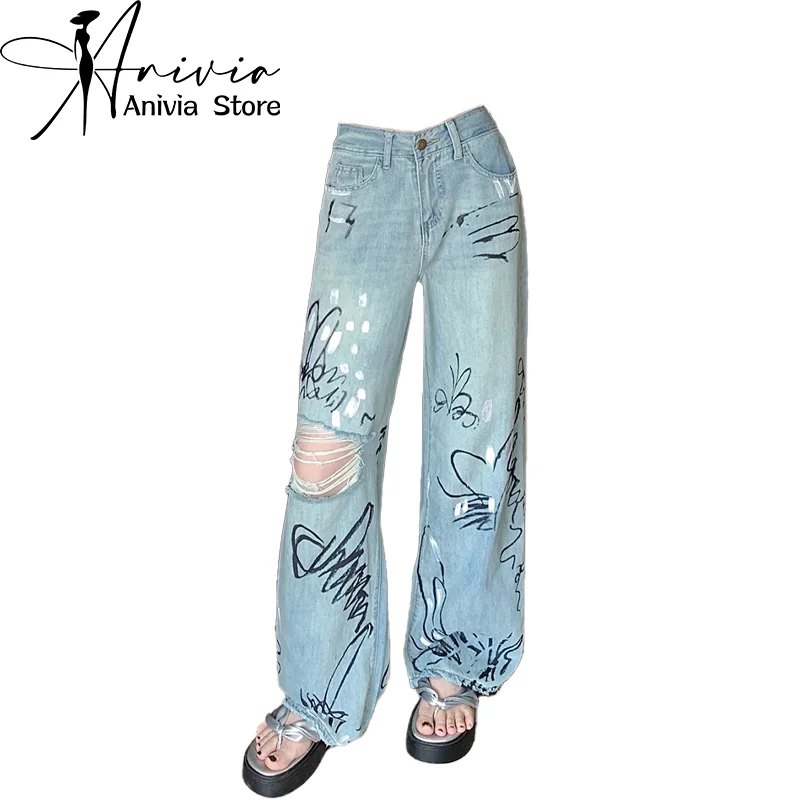Women Graphic Print Ripped Jeans Vintage Harajuku Baggy Denim Trousers Y2k Cowboy Pants Trashy Japanese 2000s Style Clothes 2024