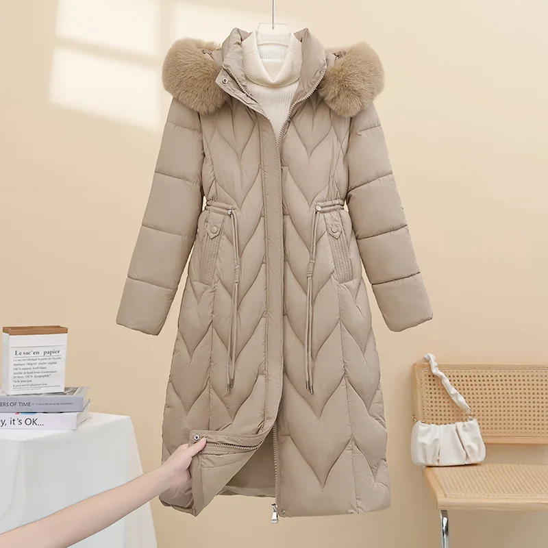 Parkas Hooded Women Fur Collar Drawstring Thick Warm Coats Zipper Pockets Midi Length Jackets Solid Casual Autumn Winter