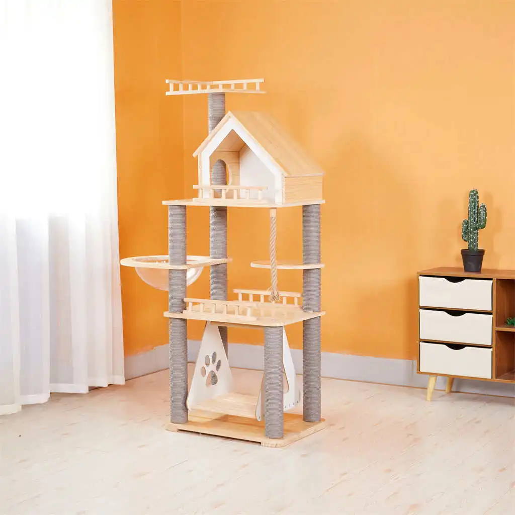 58 Inch Modern Pinewood Wooden Cat Tree With Multi-Level Fun Space Capsule Swing