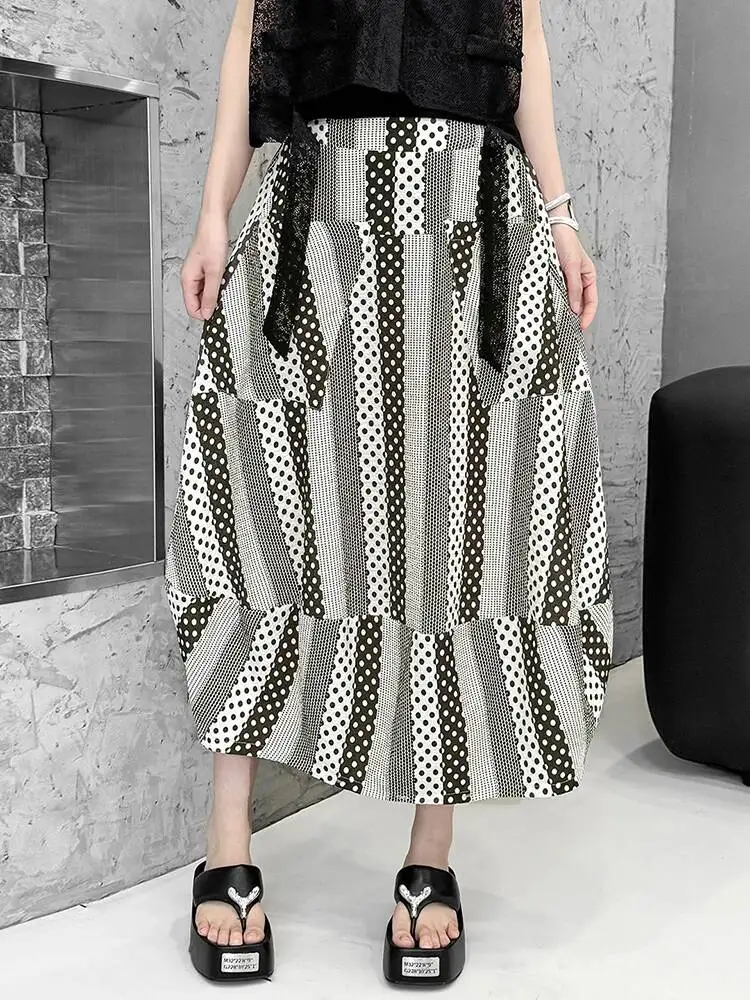 

High Elastic Waist Apricot Dot Striped Casual A-line Half-body Skirt Women Fashion Tide New Spring Autumn