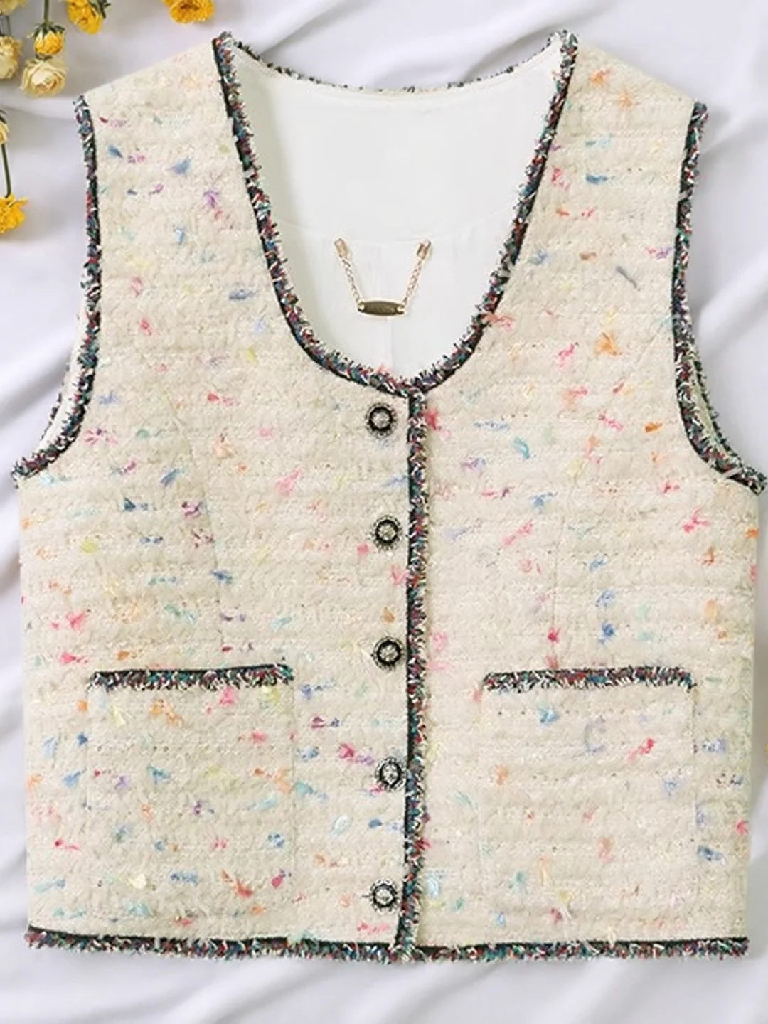   Colete Feminino de Tweed Thi: Novo, Elegante e Confortável em Poliéster com Decote V para Camadas - Moda Outono