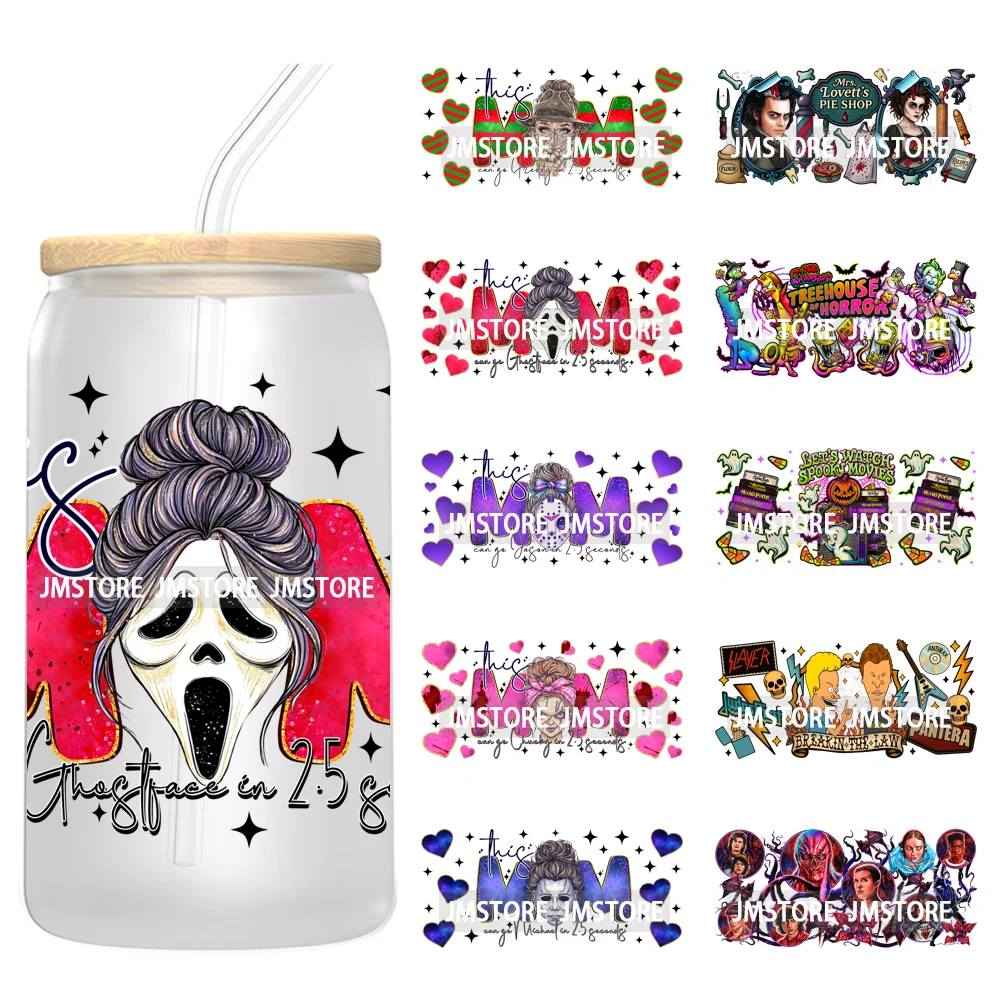 

Halloween Horror Movies Mom Messy Bun UV DTF Stickers Ready To Apply Cup Wrap Custom Labels DIY Craft For 16OZ Libbey Can Glass