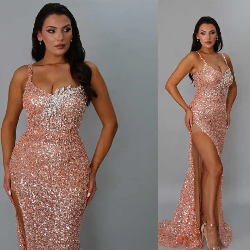 فساتين سهرة مثيرة بالترتر أشرطة سباغيتي طول الأرض فساتين حفلات مطرز بفتحة عالية مناسبة خاصة مصنوعة حسب الطلب