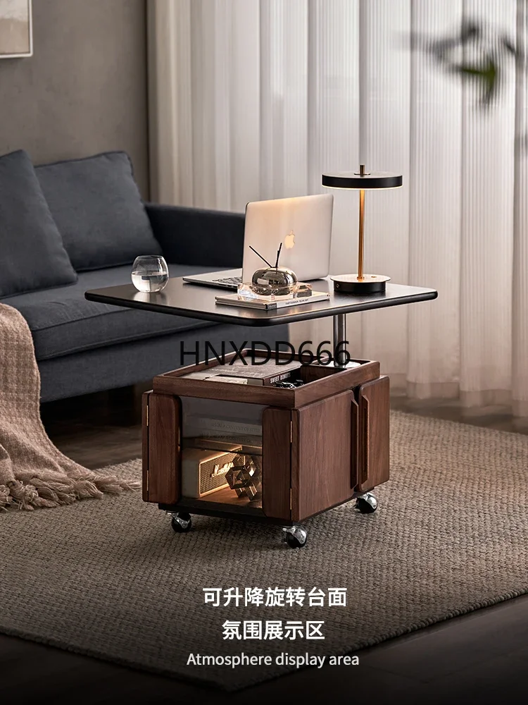 Solid wood lifting rotating side table movable medieval coffee table