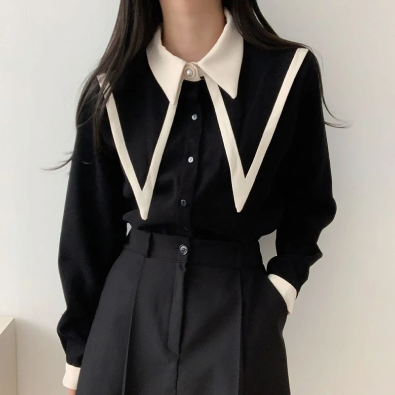 Vintage Chiffon Shirts Women Elegant Patchwork Long Sleeve Blouses Office Lady Korean Black Turn Down Collar Casual Tops Blusas