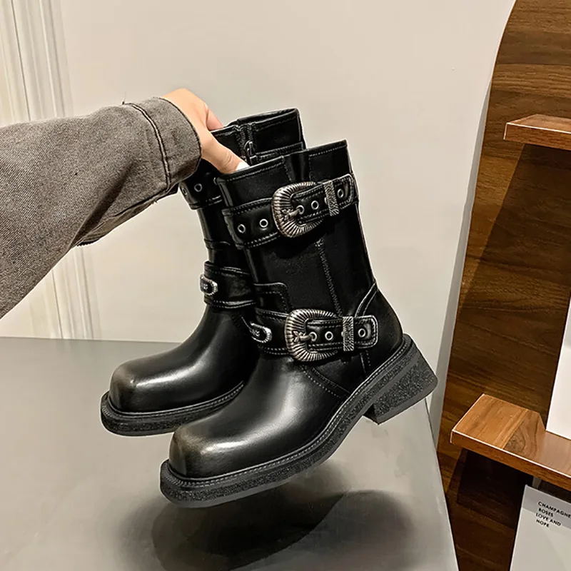 حقيقية جلد البقر الفاخرة الأحذية النسائية جلد الغنم داخل الأحذية الغربية مريحة العتيقة العتيقة ساحة تو حذاء طويل الإناث