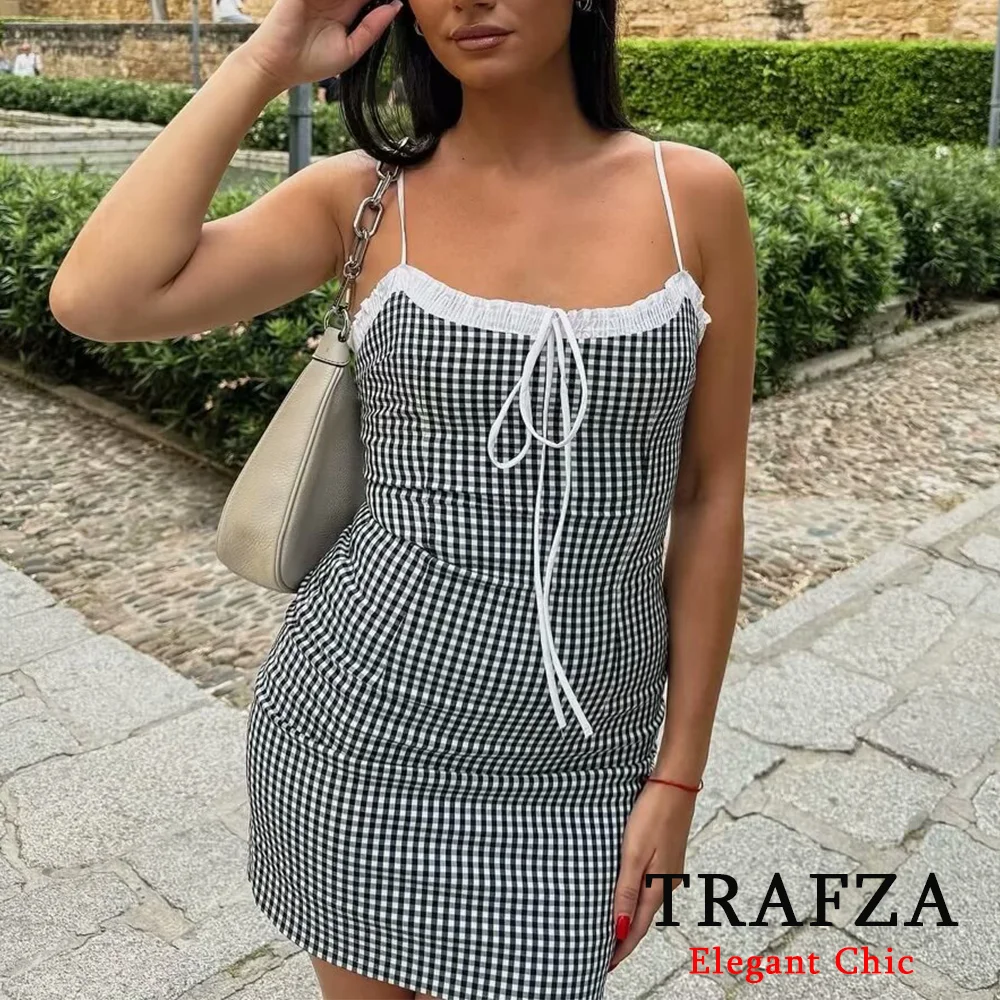 TRAFZA Sexy Casual Mini Dress Women's Grid Patchwork Dress New 2024 Summer Fasion Bow Tie Cami Dress Holiday Beach OOTD Dress