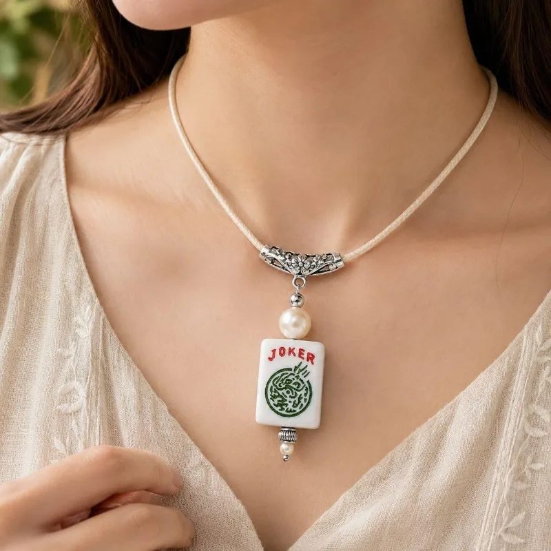 Mahjong Joker Tile Pendant Necklace for Women Men Lucky Waterproof Resin Mahjong Pendant Trendy Fashion Jewlery Gifts