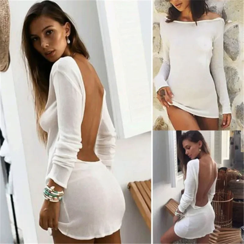 المرأة مثير عارية الذراعين Bodycon اللباس مصغرة ، أحادية اللون ، جولة الرقبة ، طويلة الأكمام ، صالح سليم ، فستان الشاطئ ، ملابس عطلة الحزب ، الشارع الشهير