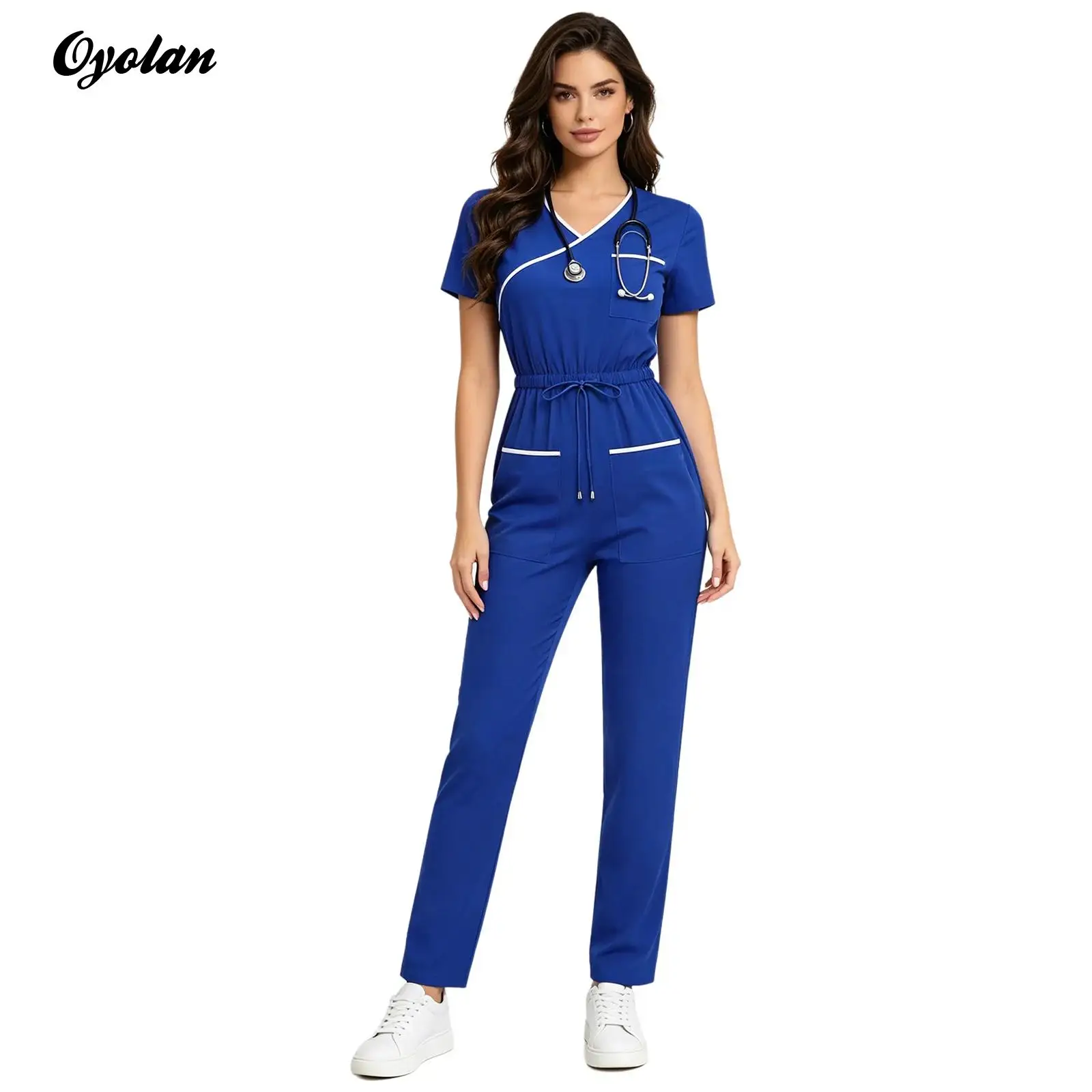 Womens Short Sleeve Medical Scrubs Jumpsuit Doctor Nurse Work Uniform Drawstring Long Pants Back Zipper Rompers Coverall Costume