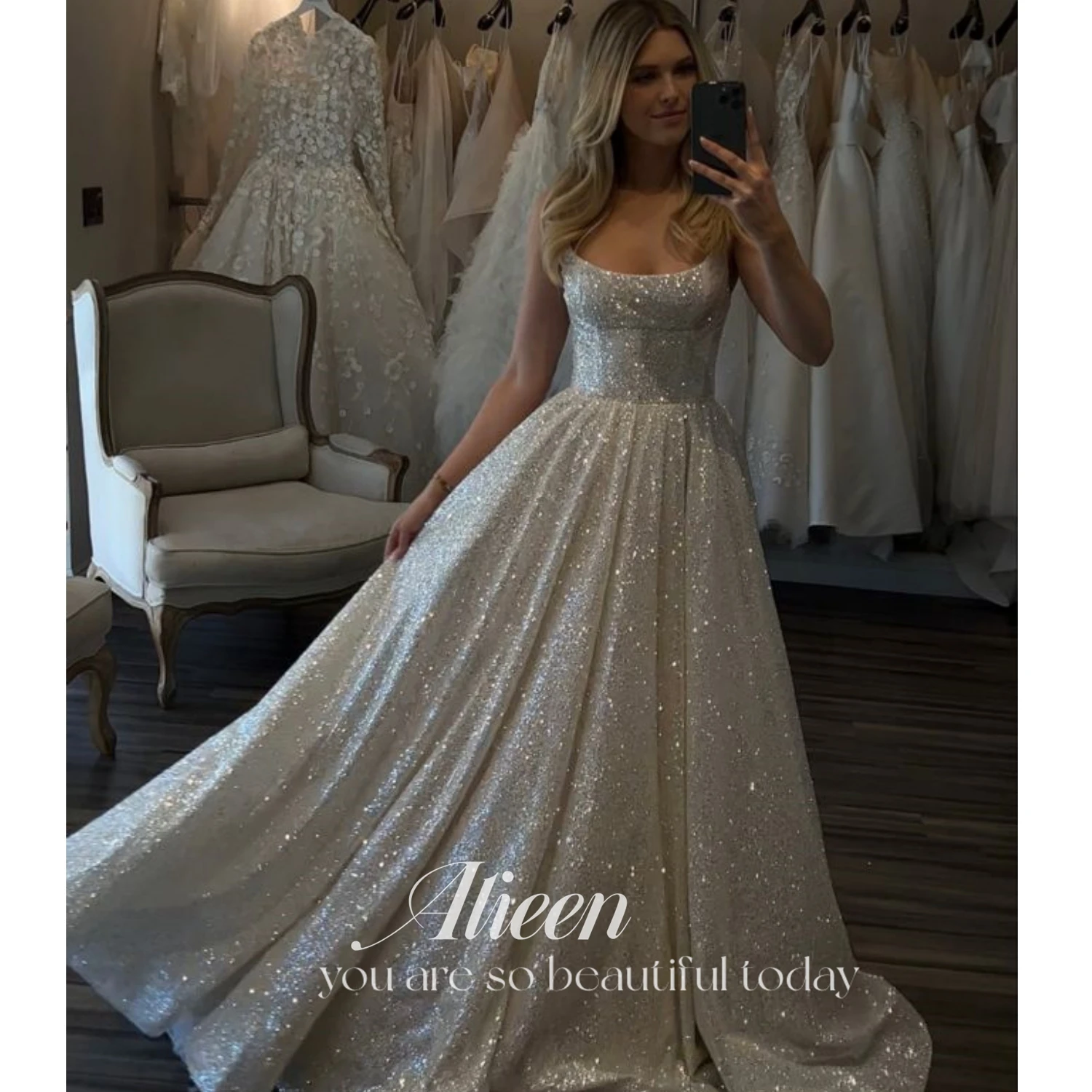 

Aileen Shiny Wedding Dresses Boho Customized Sweetheart Sequin Spaghetti Strap A-Line Princess Wedding Bridal Gown suknia slubna