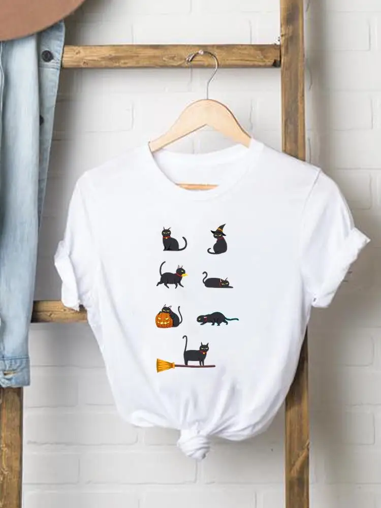 

Women Graphic Ladies Print Tee Clothing Lady Fall Autumn Halloween Cat Lovely Style Trend 90s Thanksgiving Style T T-shirts