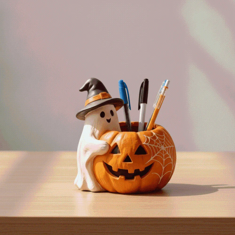 Orange Ghost Pumpkin Pen Holder Compact Sturdy Spooky Pencil Cup Waterproof Exquisite Multifunctional Flower Pot Gardeners