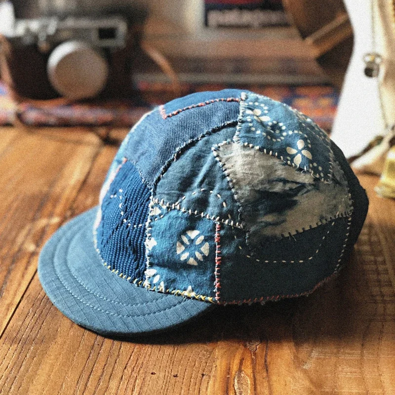 New Arrival Handmade Blue Dye Patch Tattered Hand Embroidered Short Brimmed Duckbill Cap with Adjustable Size for Men and Women