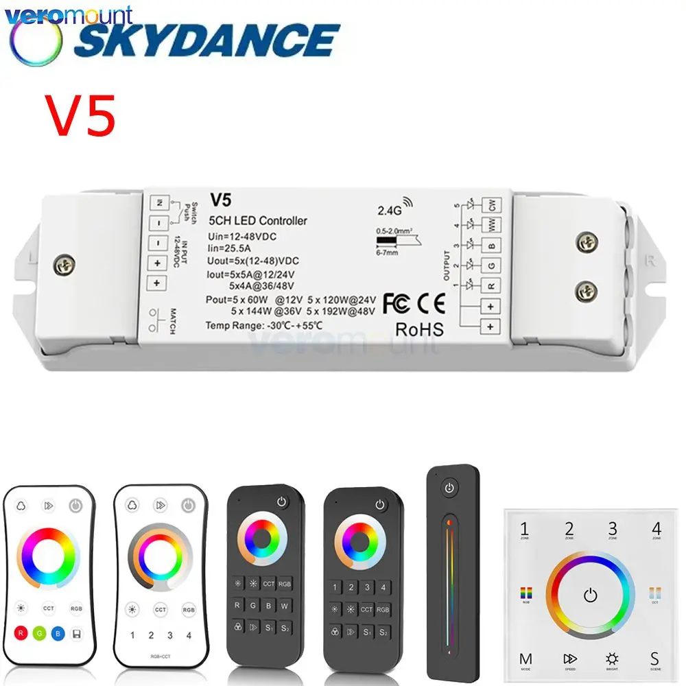 

Skydance RGBCCT LED Controller 12V 24V 5CH 5A RGBCCT RGBW RGBWW LED Strip Light Controller V5 2.4G RF Wireless Touch Remote