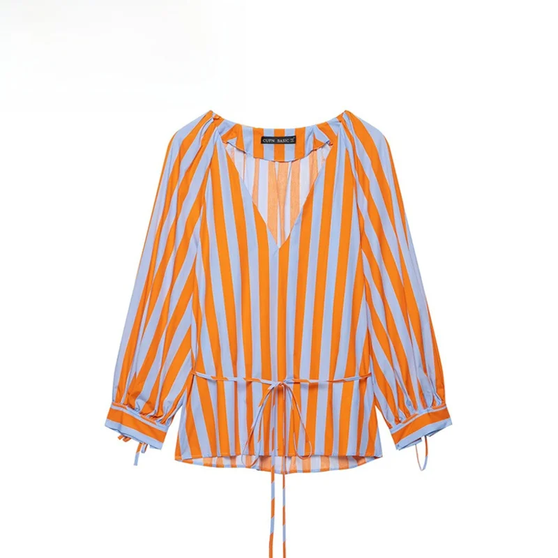 Fashionable Striped Shirt with Slim Waist Belt Elegantly Designed Women's Shirt Breathable Polyester Fiber Long Sleeve V-Neck