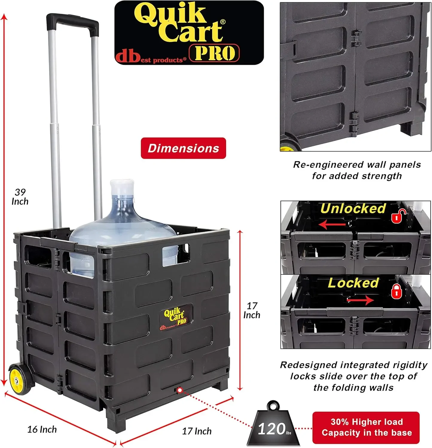 products Quik Cart Pro Wheeled Rolling Crate Teacher Utility with seat Heavy Duty Collapsible Basket with Handle, Yellow