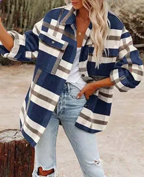 

Autumn Winter Women Long Sleeve Loose Plaid Coat Girls Button Up Top Woolen Shirt Coat Female Turndown Collar Outerwear