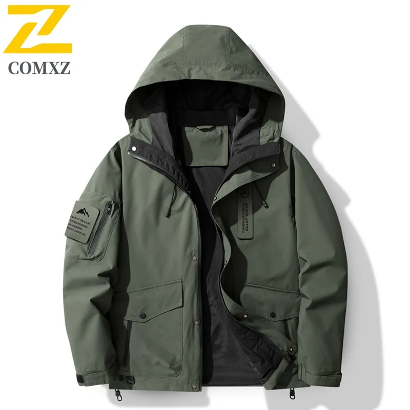 

COMXZ Men Adventure Jacket Traditional Hooded Outdoor Multi Feature Coat Solid Tone Design Travel Lightweight Autumn Windbreaker