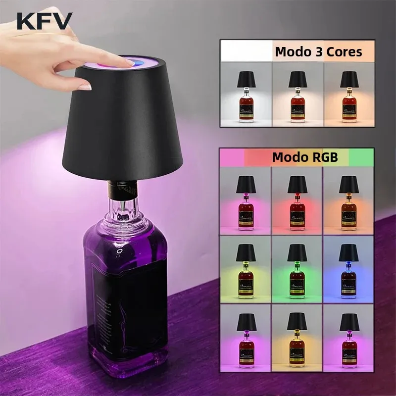 Luminária de Mesa Sem Fio KVF para Garrafas de Vinho, Luz LED para Uso Externo, Controle por Toque, Luz de Mesa para Restaurantes, Bares, Festivais e Festas