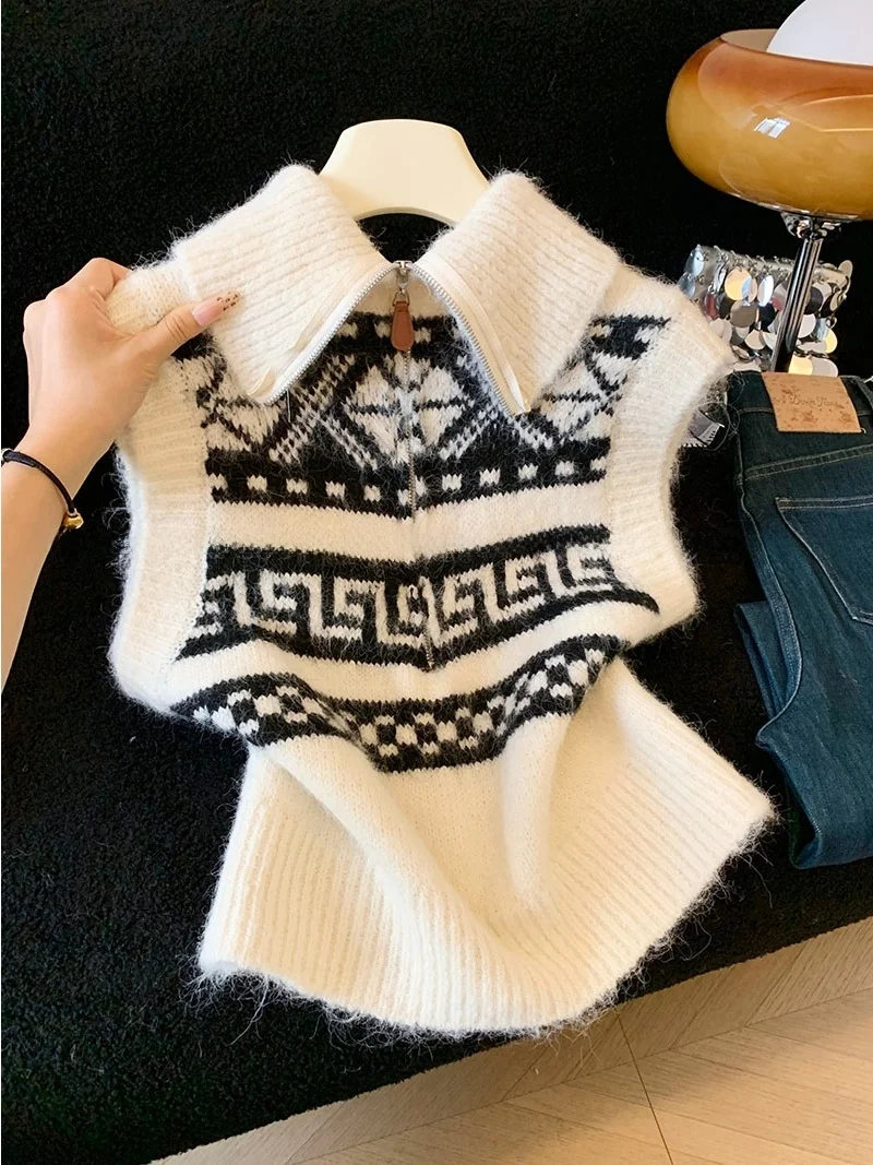 

Retro Fair Isle Knitted Vest Women's Loose Svel f Open Collar Top Autumn Winter Design Versatile Agel Bodywarmer