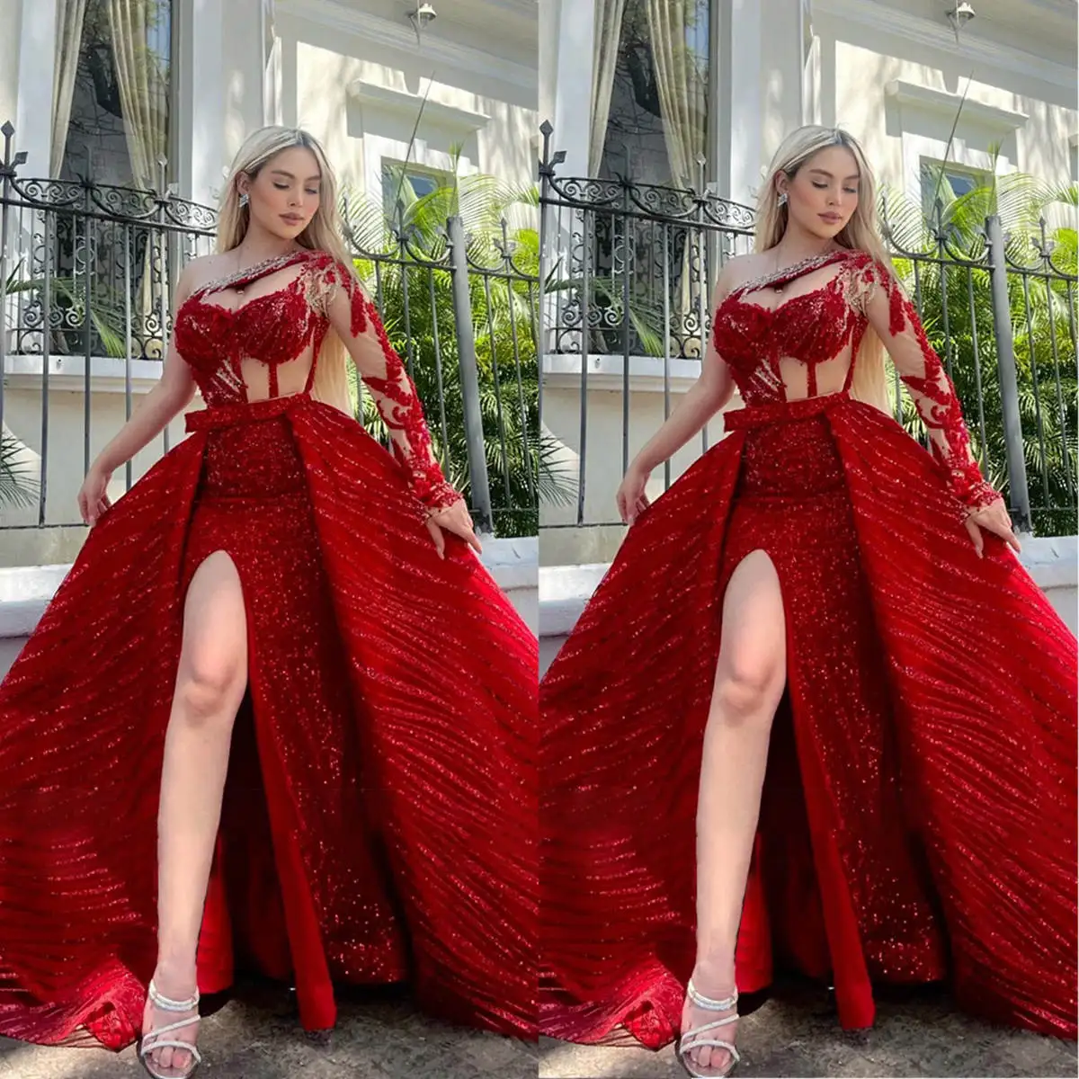 Sparkling Red Prom Dresses Long Sleeves One Shoulder Appliques Sequins Evening Dresses Lace Celebrity Gowns