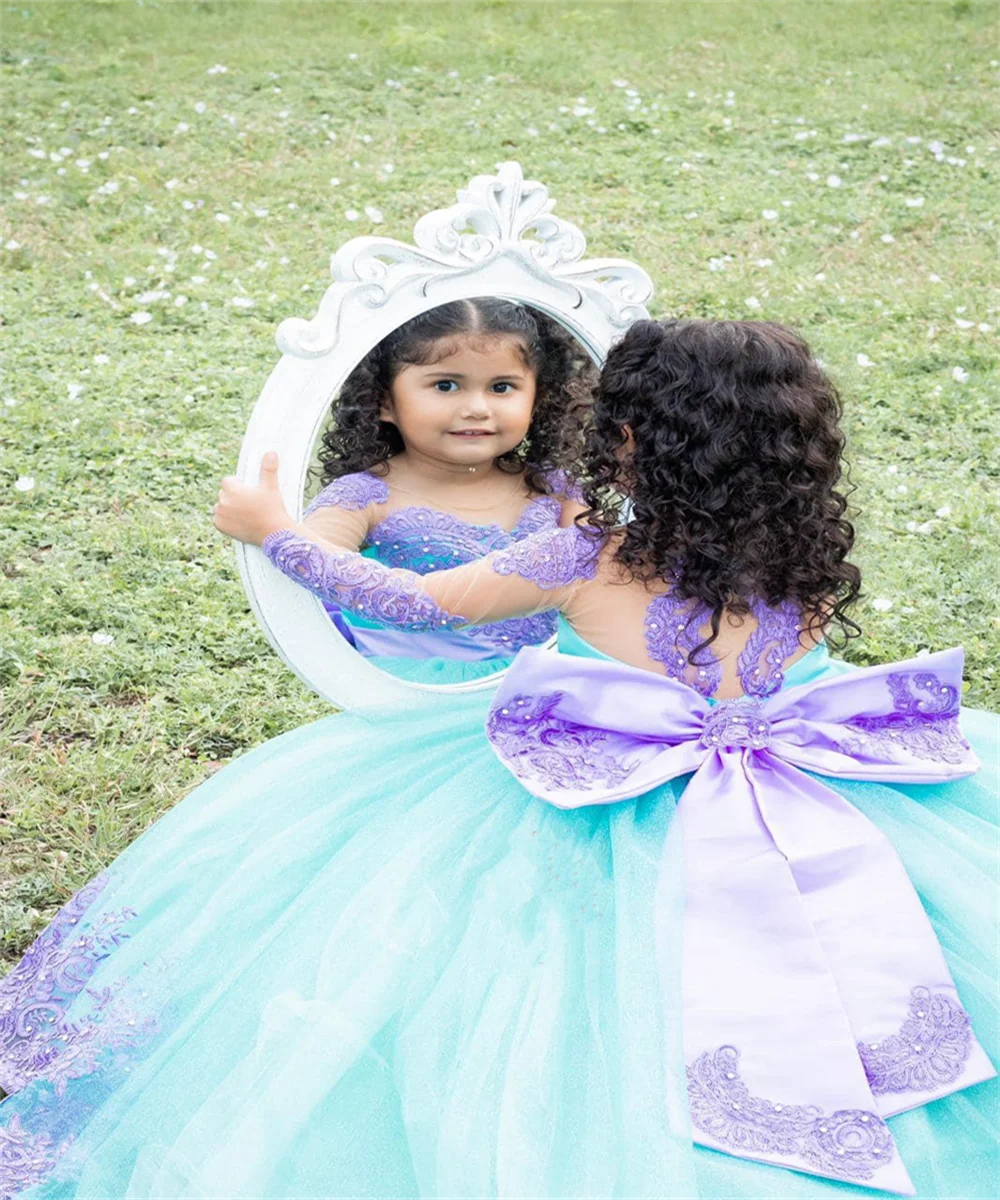 Bonito lavanda apliques vestidos da menina de flor arco fofo tule aniversário pageant primeira comunhão banquete casamento beleza pageant