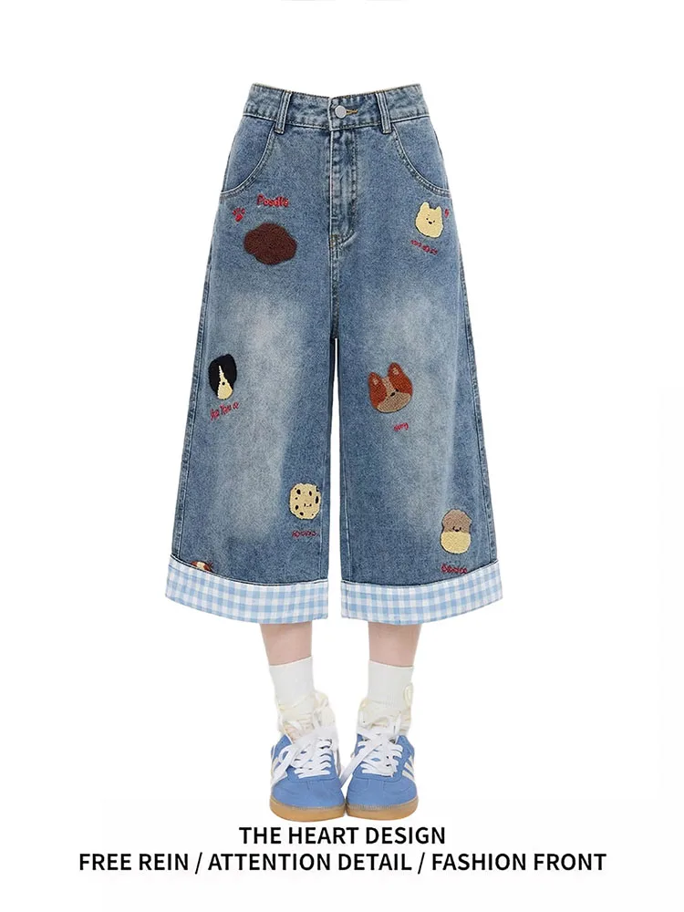 

Casual Embroidered Denim Jeans High Waist Straight Leg Loose Fit Summer Shorts Women's Fashion 2026 New Style Vintage Wash