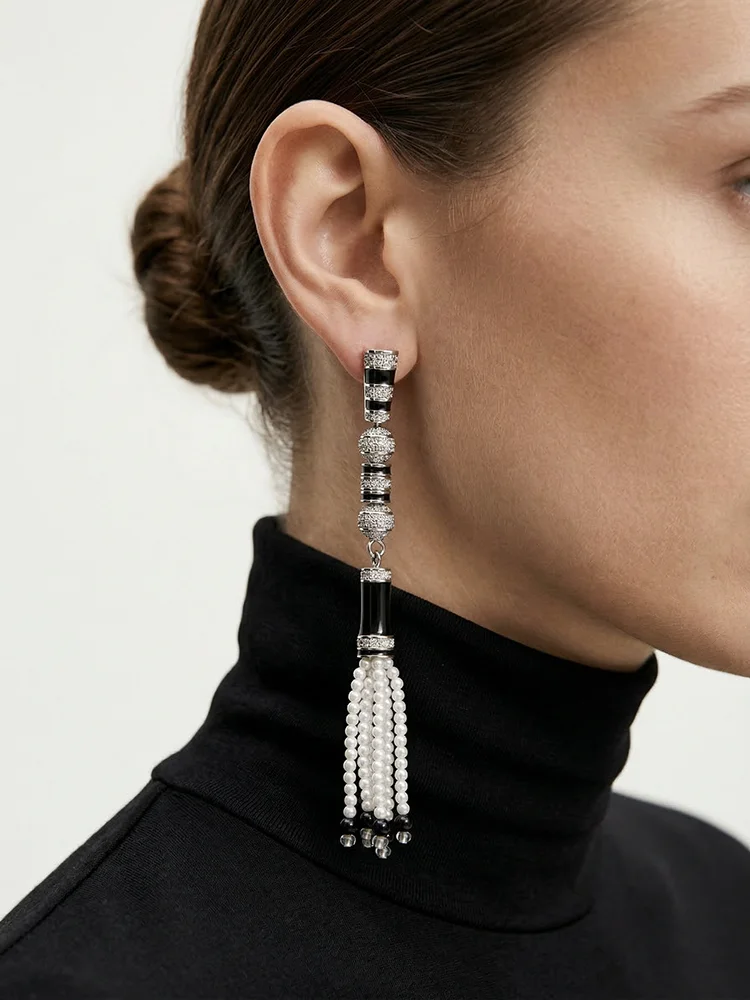 Art Deco Style Tassel Dangle Stud Earrings, Multi Layer Bead & Rhinestone Long Drop Earrings, Elegant Party Ear Jewelry
