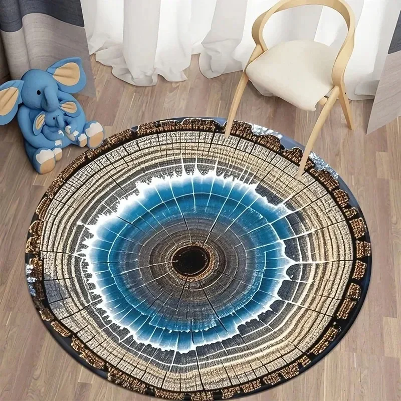 ~O~Natural Retro Tree Ring Slice Rug – Colorful Wood Grain Pattern Round Carpet for Living Room & Kids’ Room Decor