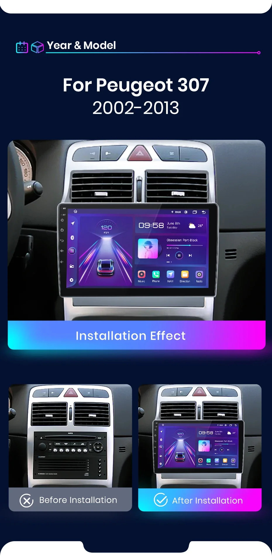 Junsun AI 4G LTE Wireless CarPlay Android Auto Autoradio für Peugeot 307 307CC 307SW 2002 2003 2004-2013 GPS Navi BT DSP RDS FM – Detail 5