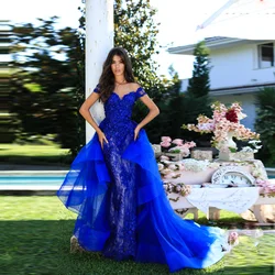 High Quality Royal Blue Evening Gowns Applique Long Prom Gowns Ruffle Overskirt Elegant Wedding Reception Party Dress Tulle