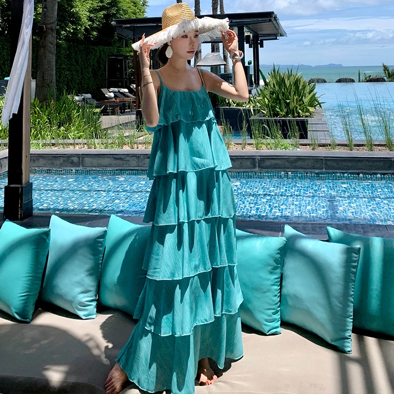 Womne sexy elegante praia festa estilo vestido verão novo solto suspender em camadas plissado borda cintura alta magro a linha vestido para mulher