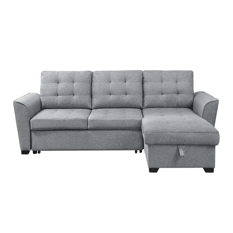 90.5" Light Gray Linen Sleeper Sectional Sofa with Reversible Storage Chaise for Living Room