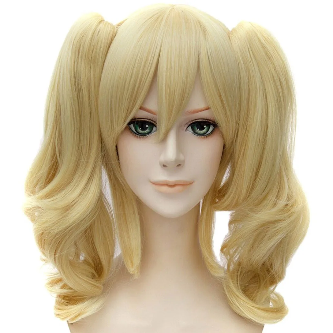 

Женский ролевой синтетический волокно, термостойкий двойной хвост, золотой вьющийся длинный аниме-парик