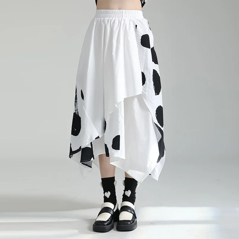 White Irregular Dot Skirts Summer Women Color Contrast Layered Elastic Waist Skort Midi Length A-line Skirt Street Hipster Black