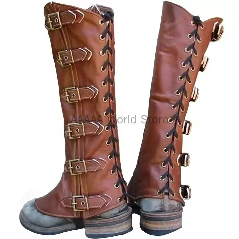 Medieval Adults Knight Pirate Leg Armor Steampunk Shoes Boots Cover Hiking Gaiter PU Leather Greaves Half Chaps Cosplay Costume