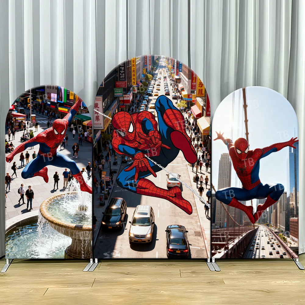 

Superhero Spider-Man Arch Backdrop Cover Real City Building for Boy Birthday Party Baby Shower Decor Photo Background Wall Props