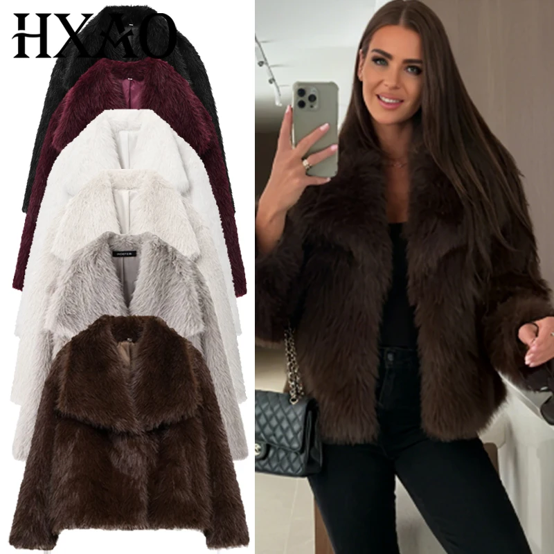 

HXAO женская шуба 2025 коричневая шуба из искусственного меха женские зимние пальто пушистая укороченная верхняя одежда шуба для волос теплые плюшевые куртки