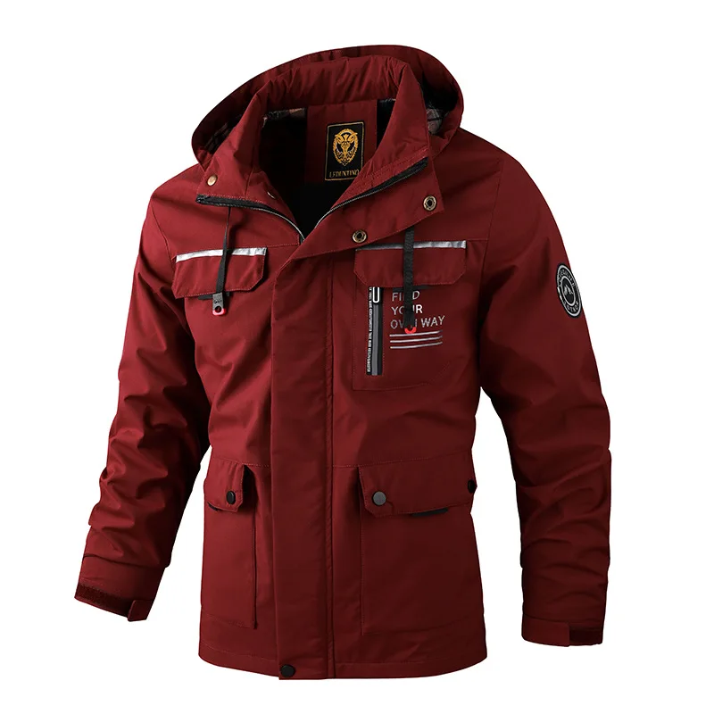 Discount Men's brand casual jacket parka coat autumn and winter's hooded jacket pure color outdoor trend, unique arm logo design