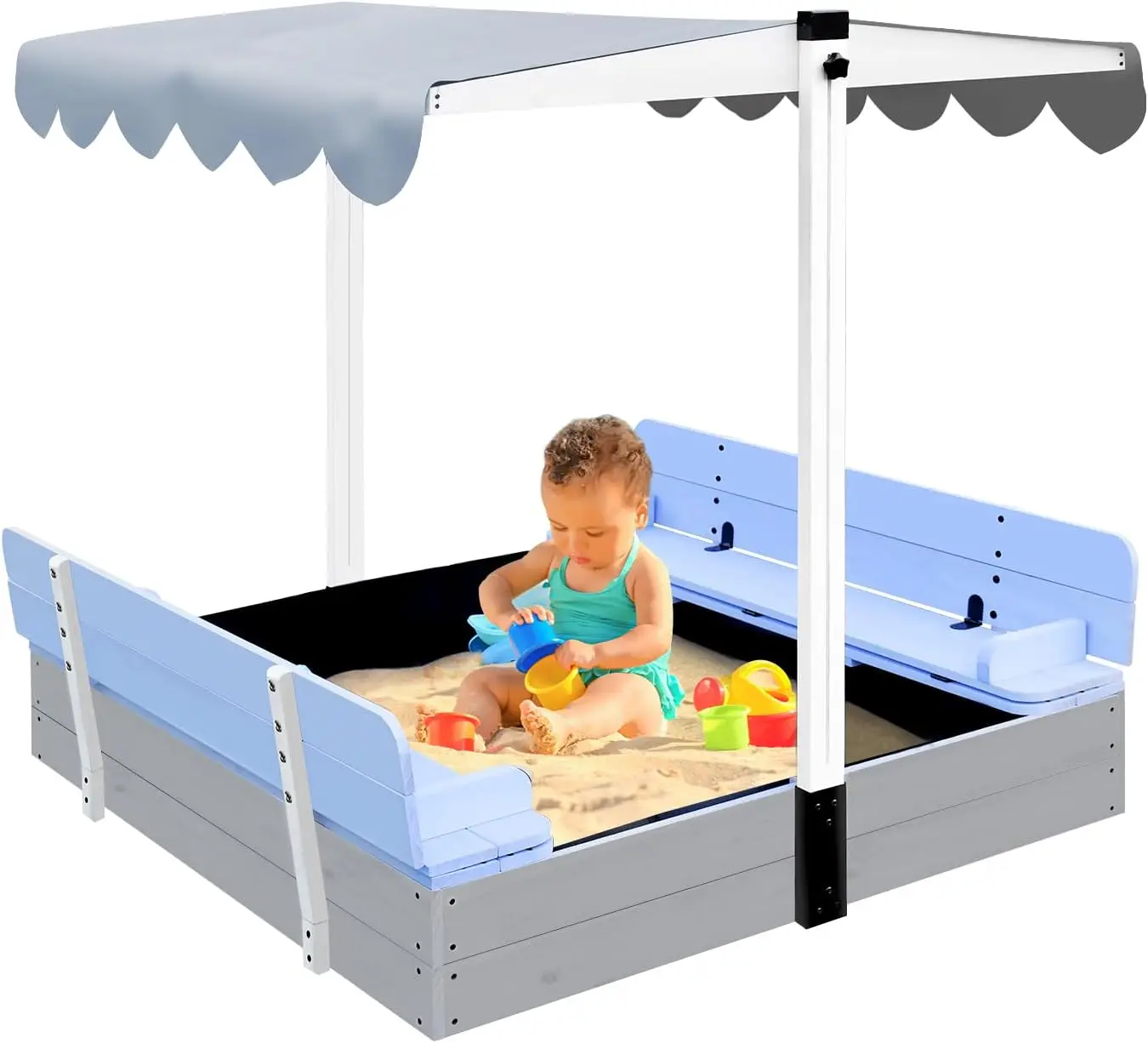 

Wooden Kids Sandbox with Lid Sand Box with Canopy Outdoor Sandpit with Cover Adjustable Roof Bottom Liner, Blue